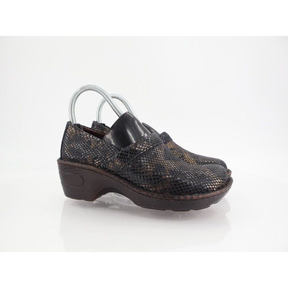 Born Toby Clogs Womens 6 36.5 Black Gold Metallic Leather Snake Platform Wedge